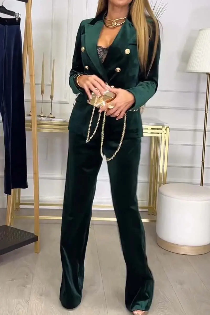 2025 Autumn Velvet Two Piece Sets Women Pant Set Suits Blazer Notched Collar Full Sleeve Double Breasted Coats+Long Pants