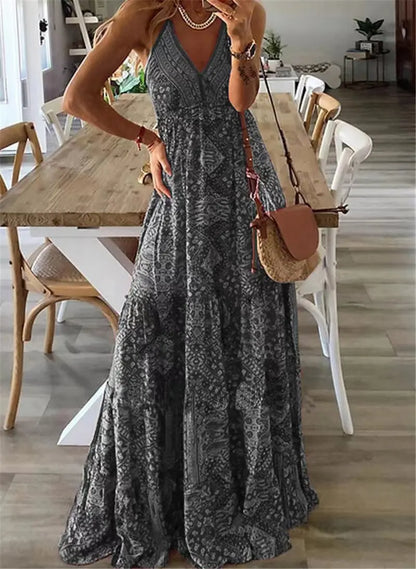 Plus-size Europe and the United States cross-border  new slip long skirt high-waisted V-neck printed floral dress