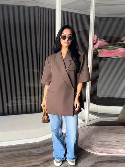 Fashion Lapel Suit Jacket Women Casual Loose Short Sleeve Office Lady Coat 2025 New Chic Autumn Single Button Oversize Jacket
