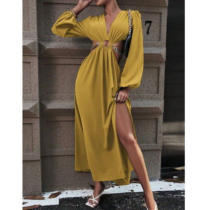 Mia Muse Women's  Dresses Autumn Sexy Loin Hollowing Long Sleeve V-Neck A-Line Maxi Party Dresses