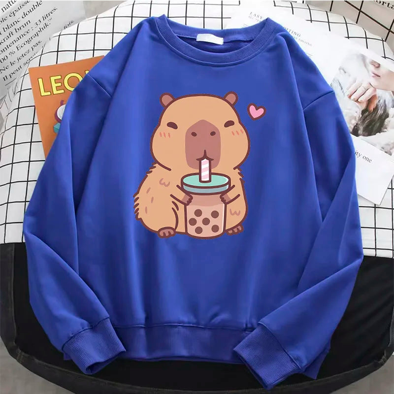Crew Neck Capybara Hoodie O-Neck Fashion Women Cartoon Harajuku Aesthetic Graphic Hoodies Vintage Pullovers Sweatshirts