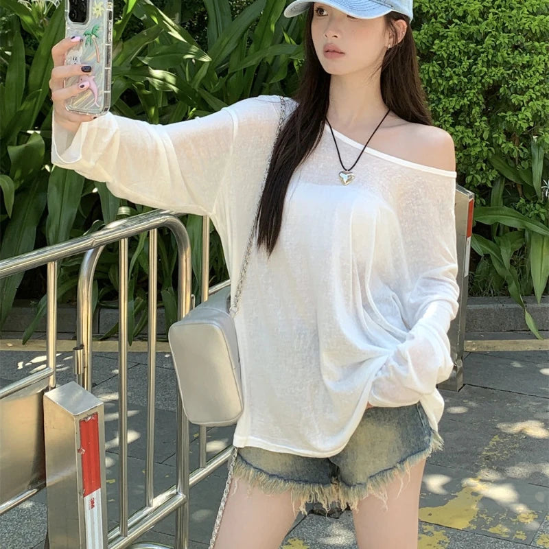 Sexy Sheer Baggy T-shirt for Women 2024 Summer Casual Fashion Loose Pullovers Chic Lazy Solid Color Off Shoulder Top Streetwear
