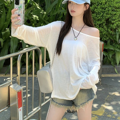 Sexy Sheer Baggy T-shirt for Women 2024 Summer Casual Fashion Loose Pullovers Chic Lazy Solid Color Off Shoulder Top Streetwear