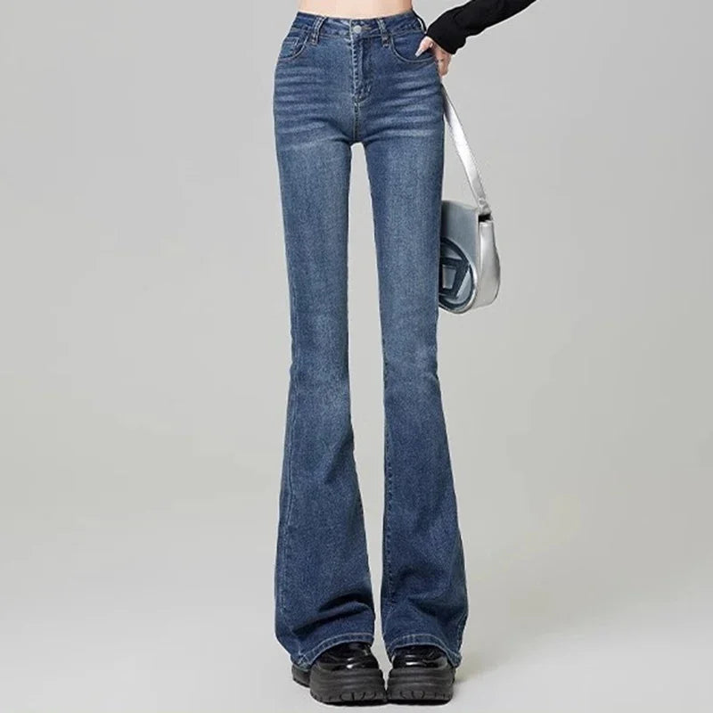 Women Vintage High Street Bell Bottom Jeans Lady Sexy Slim Fit Denim Flare Pants Deep Blue Light Blue Black Blue Gray Trousers