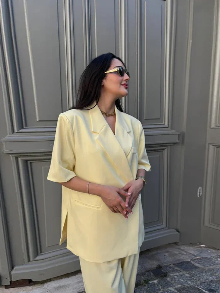 Fashion Lapel Suit Jacket Women Casual Loose Short Sleeve Office Lady Coat 2025 New Chic Autumn Single Button Oversize Jacket