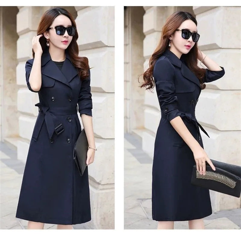 Windbreaker Women's Long British 2023 Spring And Autumn New Coat Korean Double Breasted Ladies Knee-High Coat Lace-Up Trench