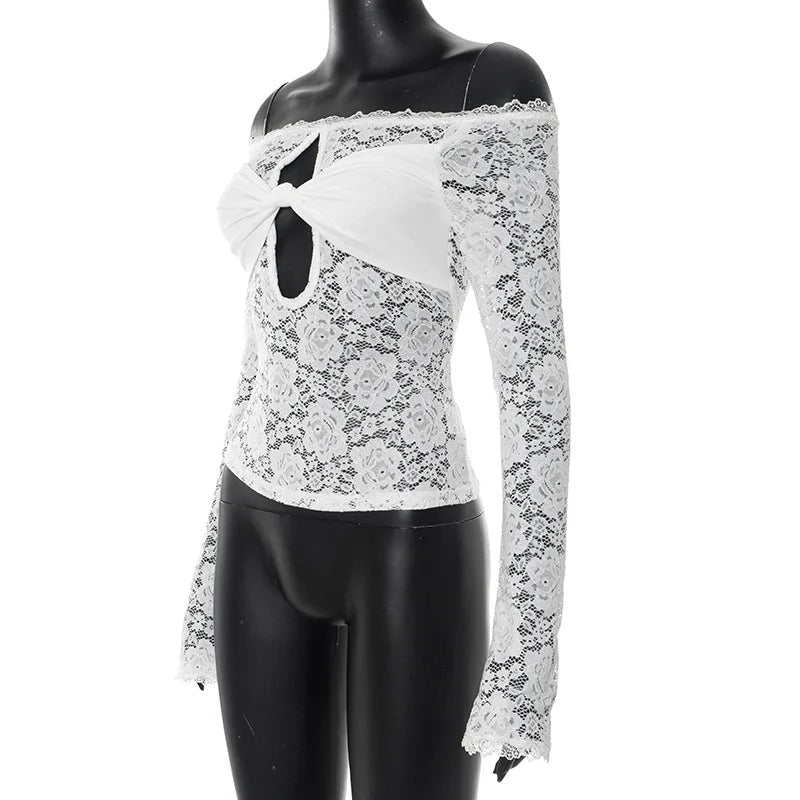 Lace-Trimmed Autumn Women's T-Shirt Off-Shoulder Hollow Out Contrast Panels Crop Top For Female Sexy Cropped Lady's Clothing