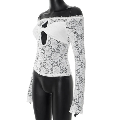Lace-Trimmed Autumn Women's T-Shirt Off-Shoulder Hollow Out Contrast Panels Crop Top For Female Sexy Cropped Lady's Clothing