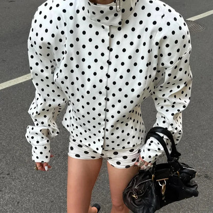 Polka Dot Print Round Neck Short Coats Women's High Street Blazer Long Sleeve Jackets 2025 Elegant Office Ladies Suit Outerwear