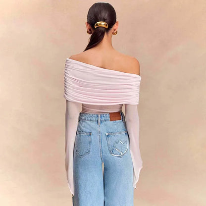 Off Shoulder Autumn Female's T-Shirt Solid Color Asymmetric Slash Neck Patchwork Women's Top Sexy Long Sleeve T-Shirt For Lady