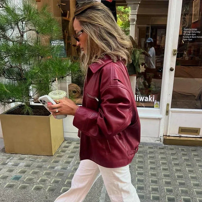 Zekye Spring Summer Women Jackets Fashion Lapel Zipper Long Sleeve Female Coats Lady Street Outwear Burgundy Leather Jacket