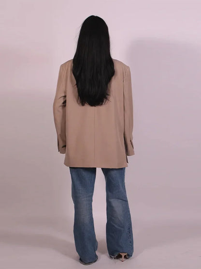 Fashion Lapel Suit Jacket Women Casual Loose Short Sleeve Office Lady Coat 2025 New Chic Autumn Single Button Oversize Jacket