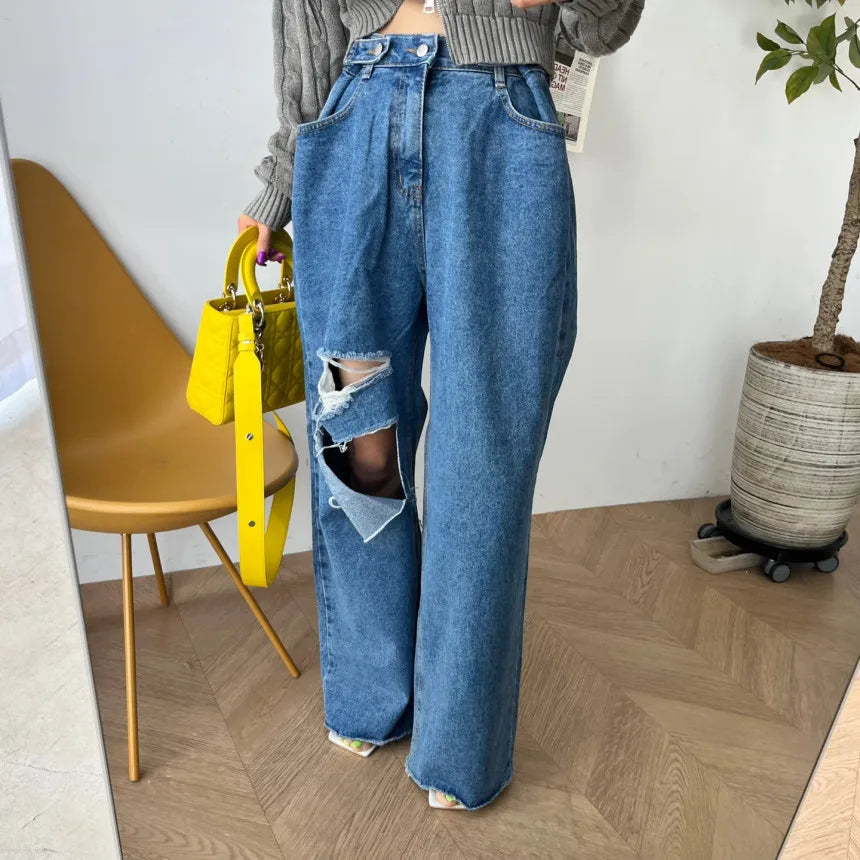 REALEFT 2025 New Hole Pink Women's Denim Wide Leg Pants High Waist Spring Summer Casual White Jeans Straight Trourses Female