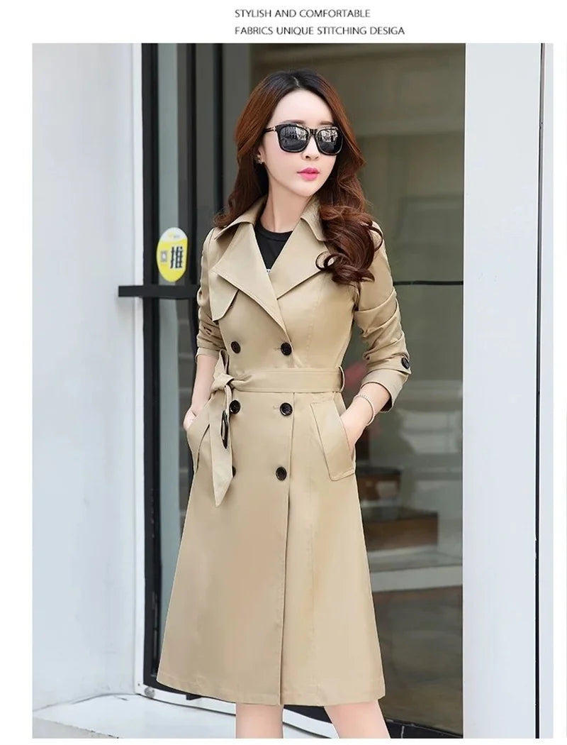 Windbreaker Women's Long British 2023 Spring And Autumn New Coat Korean Double Breasted Ladies Knee-High Coat Lace-Up Trench