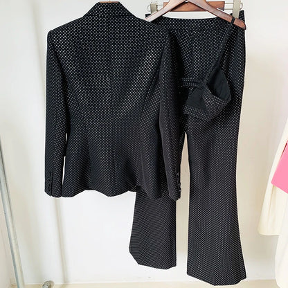 HIGH QUALITY New Fashion 2024 Designer Blazer Suit Set Women's Single Button Diamonds Beaded Camis Blazer Pants Suit 3pcs Set