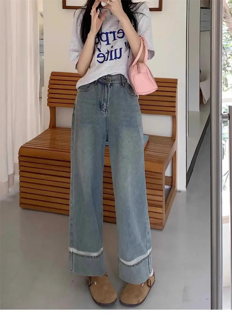 High Waist Straight Leg Jeans Women's plus Size Body Slimming Nine Points Wide Leg Pants Fat Sister MM Fashionable Clothing