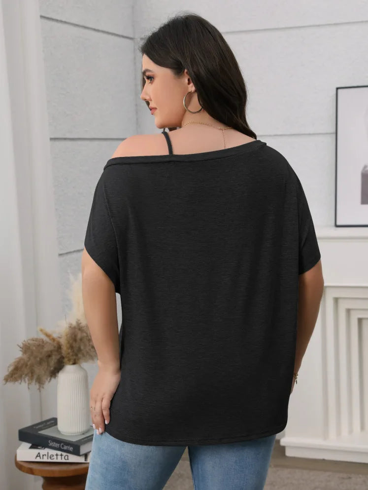 Fairyshely 2025 Summer Casual Solid Plus Size Top Women Off Shoulder Loose Large T-shirt Lady Short Sleeve Elegant Curvy Tops