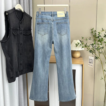 Plus Size Women's High Waisted Slim Flared Jeans 2025 Spring Stretch Denim Pants Curvy Premium Slimming & Lengthening Design