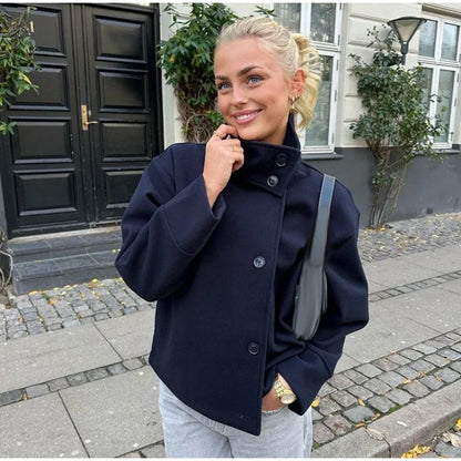 Stand Collar Women Winter Woolen Coats Single Breasted Loose Female Long Sleeve Jacket  Autumn Office Lady Street Short Coat