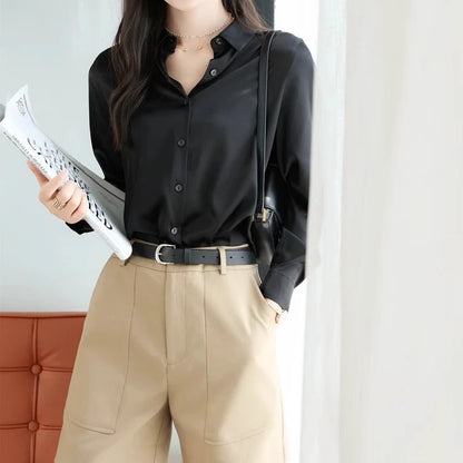 Spring Autumn Elagant Satin Women's Blouse 2025 New Long Sleeve Turn-down Collar Korean Casual Loose Office Lady Shirts Female