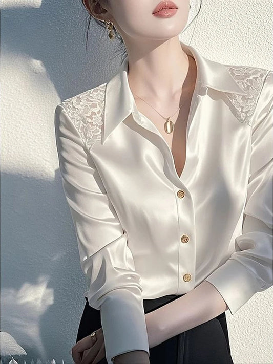 Women's Satin White Shirt And Blouses Casual Long Sleeve Button up Elegant Top All-match French Style Solid Blouses