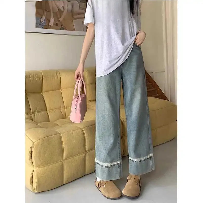 High Waist Straight Leg Jeans Women's plus Size Body Slimming Nine Points Wide Leg Pants Fat Sister MM Fashionable Clothing