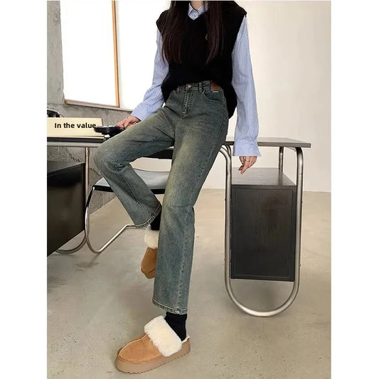 Vintage Straight-Leg Jeans Women's High-Waisted Slimming Cropped Pants 2023 Autumn New Arrival Korean Style Plus Size