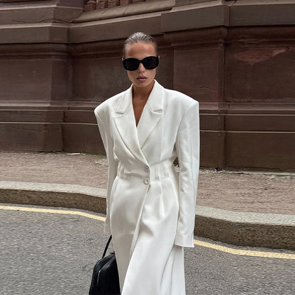 Street Fur Long Women's Jacket Long Sleeve Shoulder Pad Lapel Femal Coat 2025 Autumn Fashion Solid Double Buckle Lady Outwears