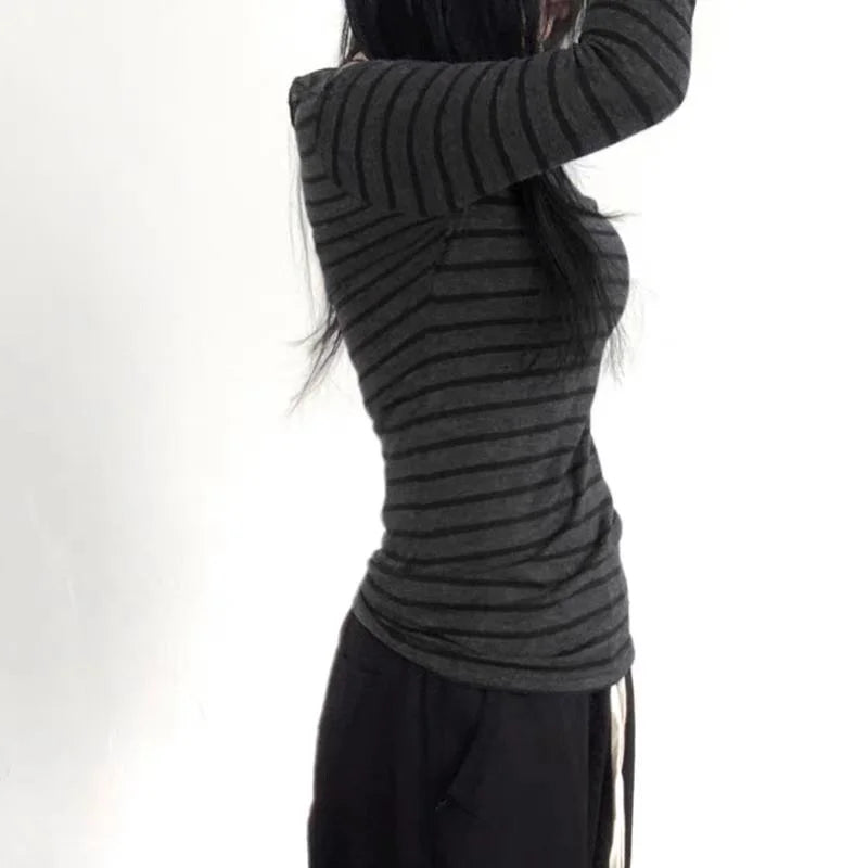 Y2K Grunge Emo 00s Vintage T-Shirt Black Grey Striped Off Shoulder Long Sleeve Jumper Top Chic Women Autumn Retro Goth Tee Shirt