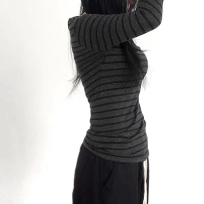 Y2K Grunge Emo 00s Vintage T-Shirt Black Grey Striped Off Shoulder Long Sleeve Jumper Top Chic Women Autumn Retro Goth Tee Shirt