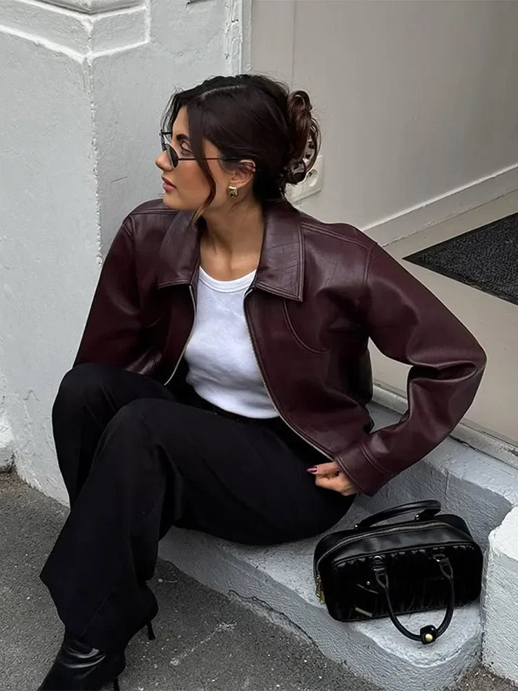 Retro Wine Red Pu Leather Short Jacket Women Chic Lapel Collar Zipper Button Loose Overcoats Autumn Ladies High Street Outerwear