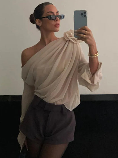 Candyhot Irregular Sexy Off Shoulder Oblique-neck Flower Applique T Shirt French Fashion Long Sleeve Crop Tops Chic Mesh Camis