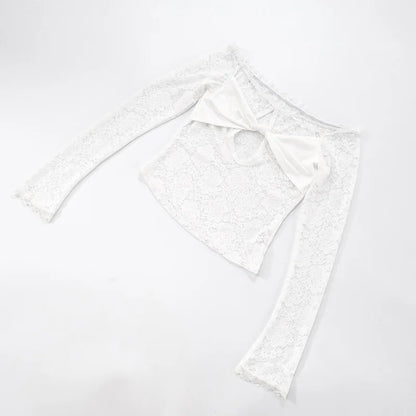 Lace-Trimmed Autumn Women's T-Shirt Off-Shoulder Hollow Out Contrast Panels Crop Top For Female Sexy Cropped Lady's Clothing