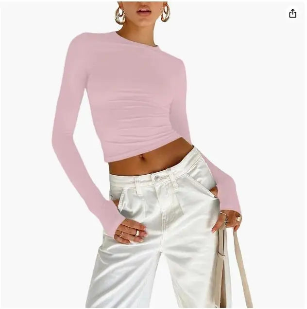 Fashion Women T-shirt Long Sleeve Crew Neck Solid Slim Fit Ladies Crop Top with Thumb Holes for Daily Streetwear Summer Camis