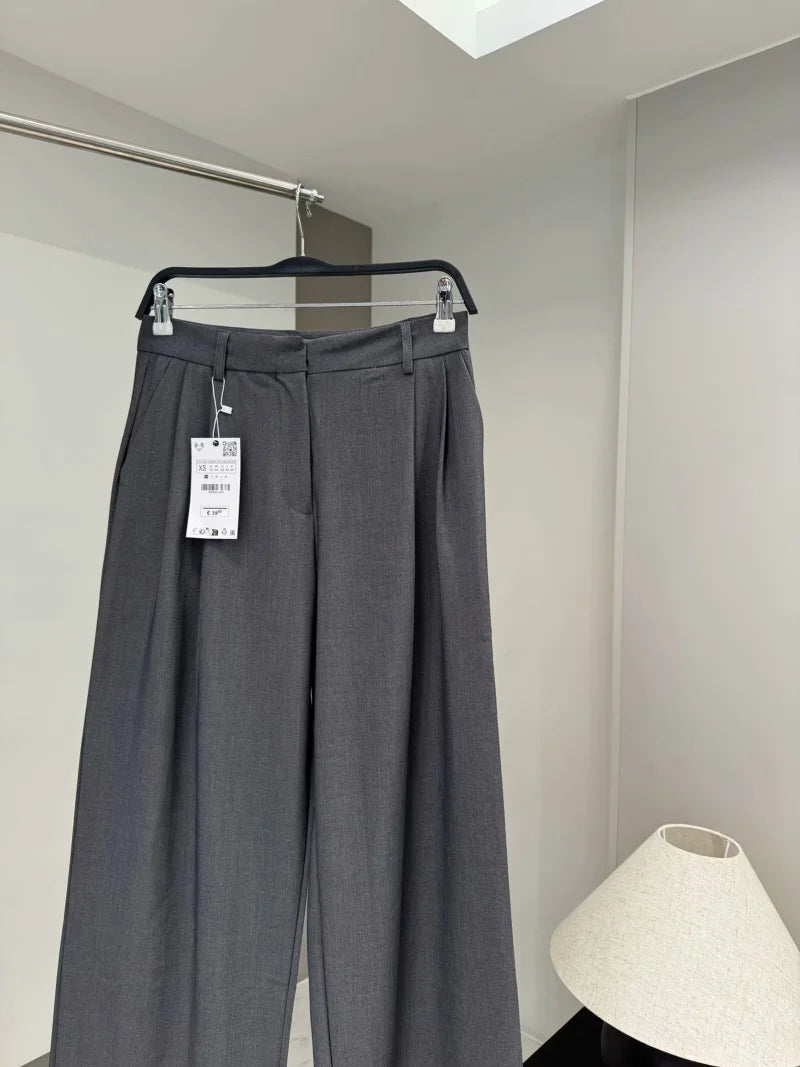 ETJ 2025 TRAF Women's Spring New suit Set with shoulder padded double-breasted blazer & high-waisted pleated wide-legged pants