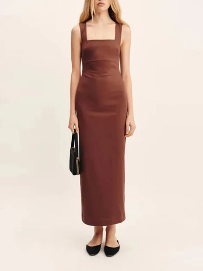 Solid Color Cotton Linen Square Neck Wide Straps Dress Fashion Slim Fit Back Split Long Dress Summer New Women's Clothing
