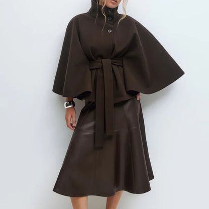 chic vintage cape jacket with belt stand neck single breasted loose coat loose flare sleeve coats early lady autumn Y2K outwears