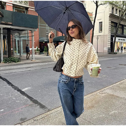 Polka Dot Print Round Neck Short Coats Women's High Street Blazer Long Sleeve Jackets 2025 Elegant Office Ladies Suit Outerwear