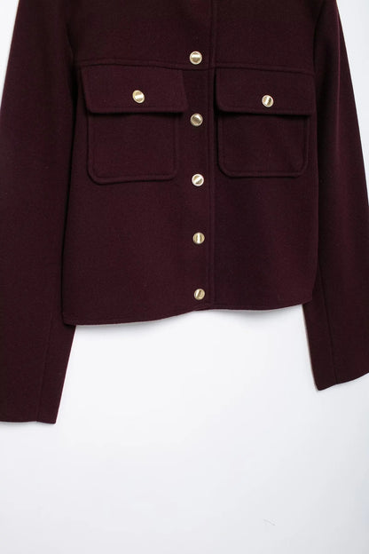 TRAFZA Women Vintage Wine Red Coat O Neck Long Sleeve Single Breasted Jacket With Pockets Autumn Casual Office Lady Outerwear
