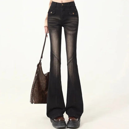 Woman High Waist Elastic Spliced Wide Leg Jeans Female Vintage Slim Fit Flare Pants Lady Blue Black Grey Denim Trousers Big Size