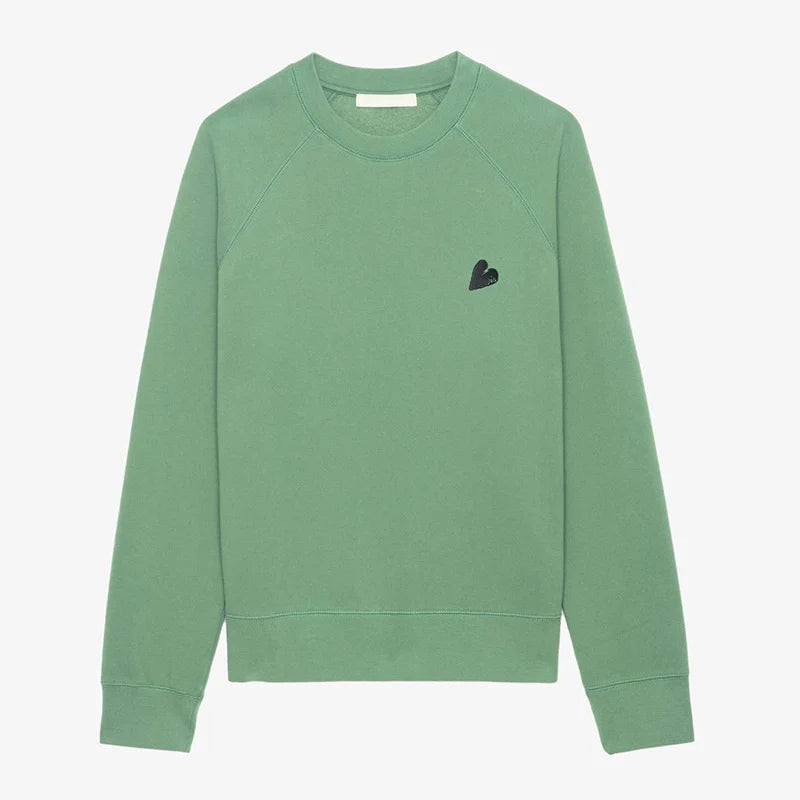 Green Sweatshirt Women Crew Neck Cotton Sweatshirt Long Sleeve Tops Female Casual Love Embroidery Pullovers 2025 New Pullover
