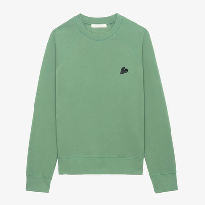 Green Sweatshirt Women Crew Neck Cotton Sweatshirt Long Sleeve Tops Female Casual Love Embroidery Pullovers 2025 New Pullover