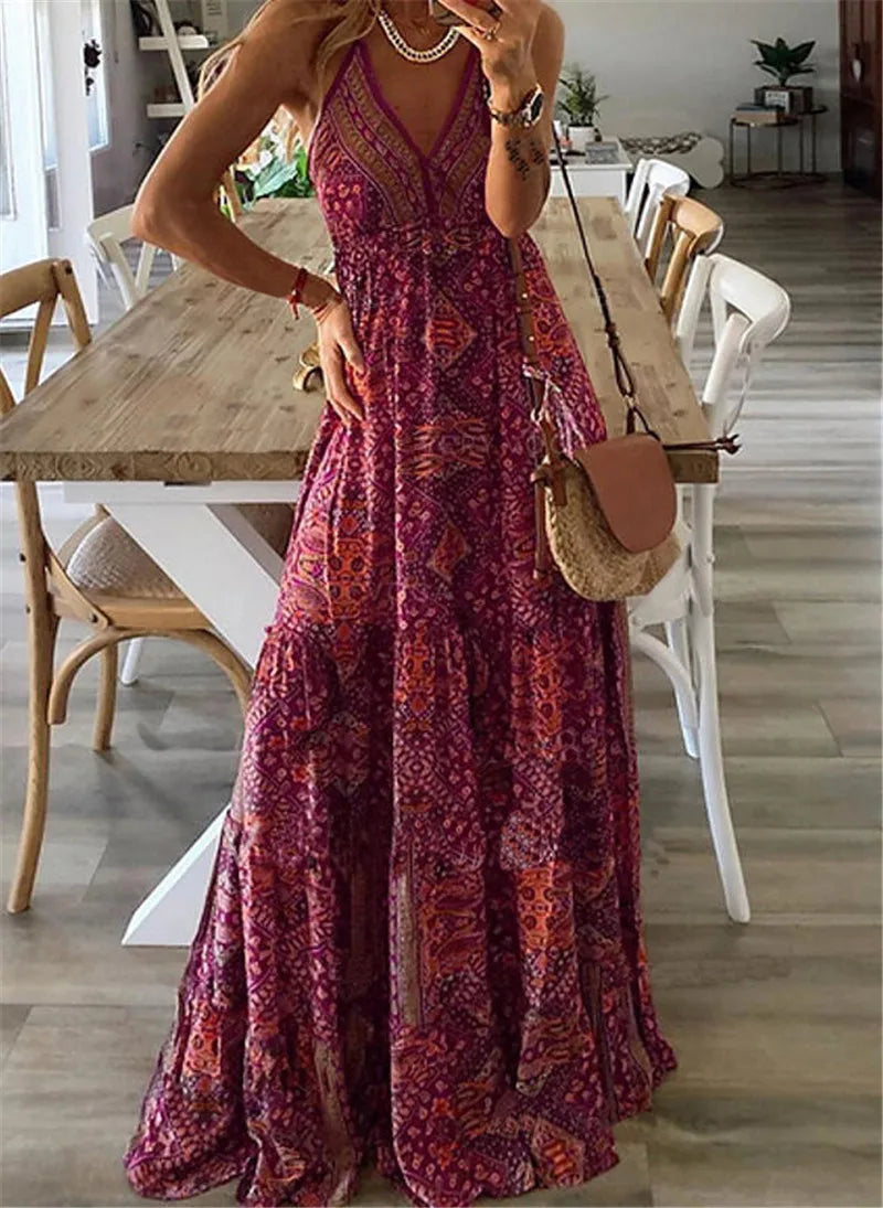 Plus-size Europe and the United States cross-border  new slip long skirt high-waisted V-neck printed floral dress