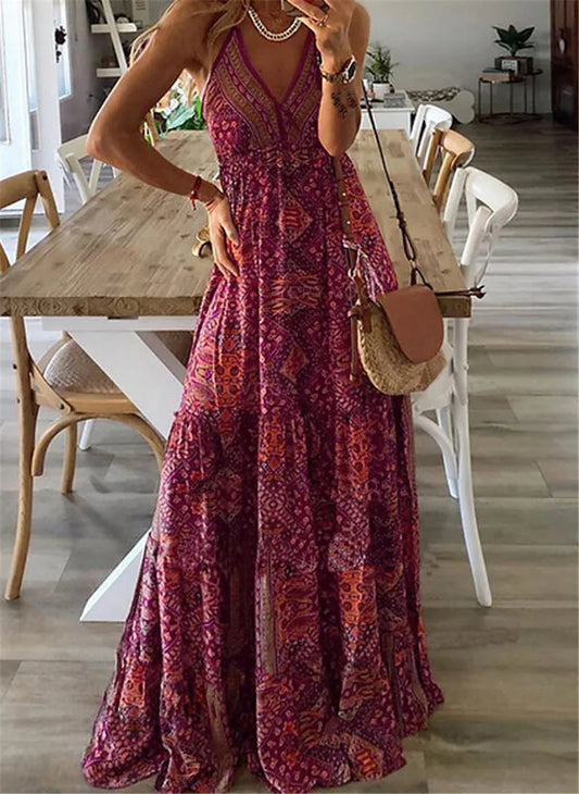 Plus-size Europe and the United States cross-border  new slip long skirt high-waisted V-neck printed floral dress
