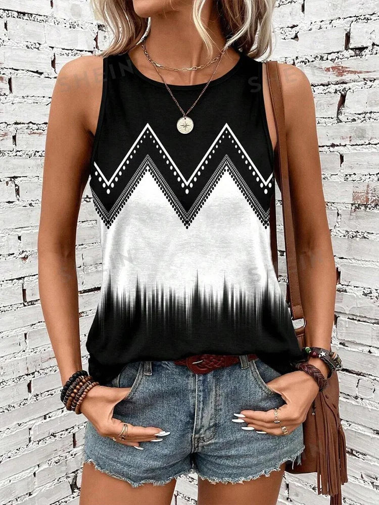 Gradual Color Print Women's Casual Tank Top Street Fashion Women's Crew Neck Tank Top Summer Outdoor Beach Sleeveless T-shirt