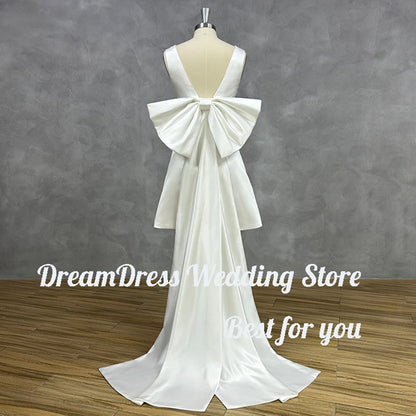 DREAM Customized Short Mini Satin V Neck Bridal Gown Large Bow Open Back Sleeveless Above Knee Length Wedding Party Dress 2025
