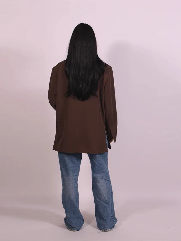 Fashion Lapel Suit Jacket Women Casual Loose Short Sleeve Office Lady Coat 2025 New Chic Autumn Single Button Oversize Jacket