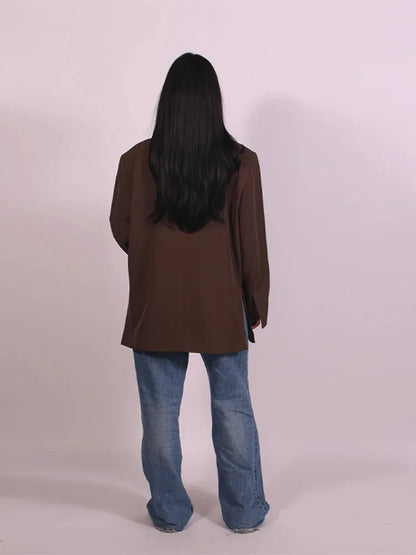 Fashion Lapel Suit Jacket Women Casual Loose Short Sleeve Office Lady Coat 2025 New Chic Autumn Single Button Oversize Jacket