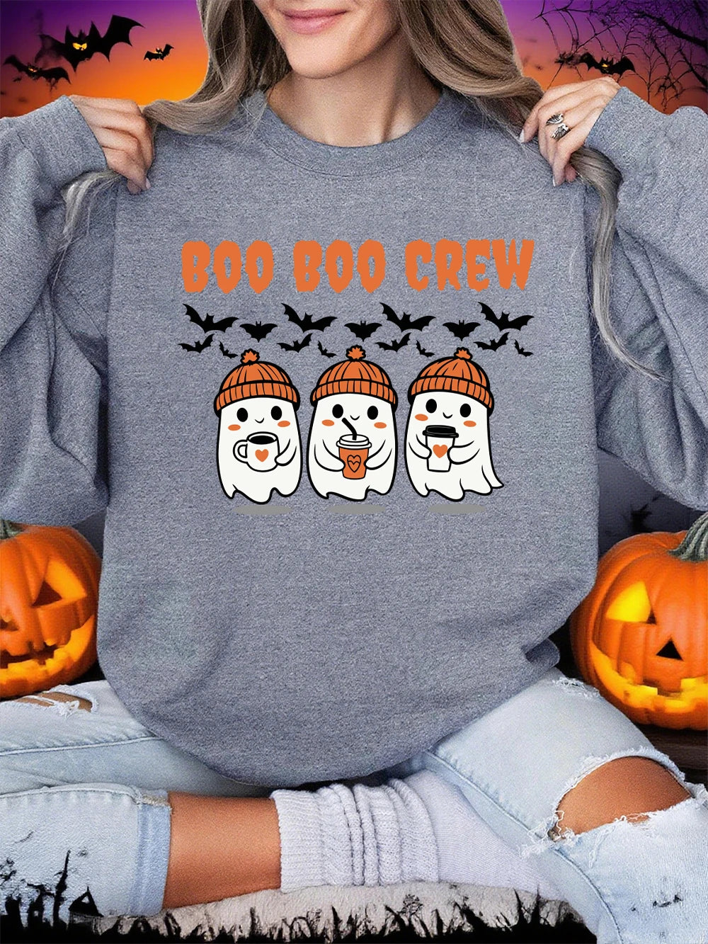 Boo Boo Crew Ghost Prints Halloween Sweatshirt Women Winter Fleece Warm Hoodies Crewneck Loose Pullovers Casual Soft Clothes