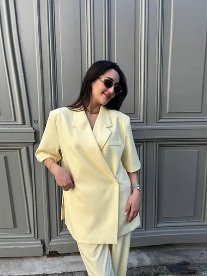 Fashion Lapel Suit Jacket Women Casual Loose Short Sleeve Office Lady Coat 2025 New Chic Autumn Single Button Oversize Jacket